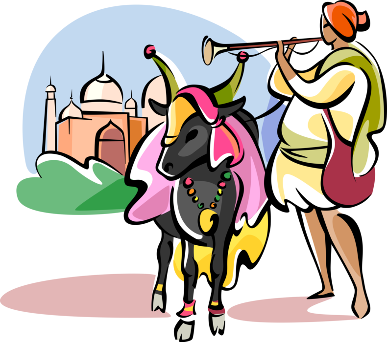 Vector Illustration of Hinduism Sacred Cow at Taj Mahal Mughal Empire Tomb, India