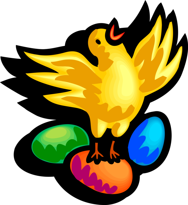 Vector Illustration of Yellow Chick Stands on Colored Easter Eggs