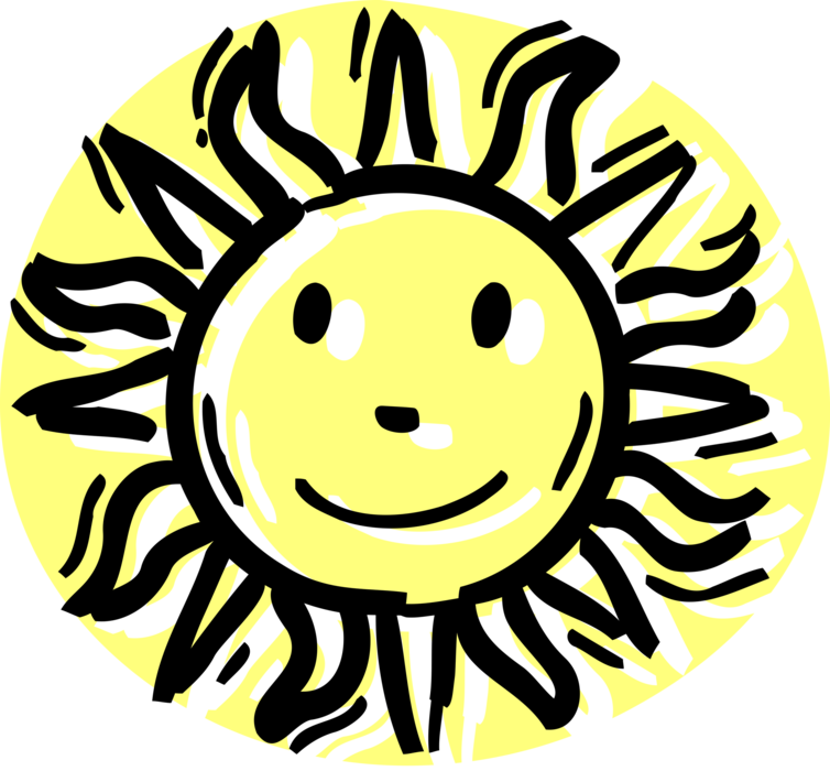 Vector Illustration of Anthropomorphic Smiling Sun with Sunshine Rays