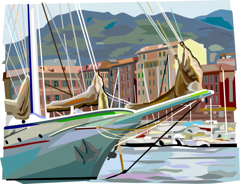 Vector Illustration of Sailing Ship Vessel at Anchor in Harbor, Nice, France