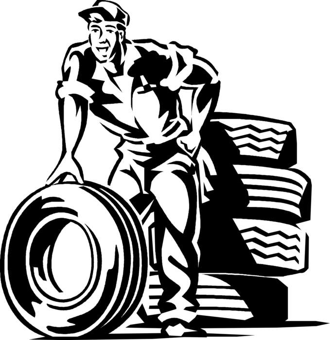 Vector Illustration of Automotive Service Technician Garage Mechanic with Motor Vehicle Car Tires