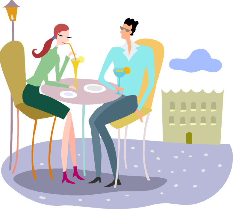 Vector Illustration of Romantic Couple on Date Enjoy Cocktail Drinks at Outdoor Café Patio
