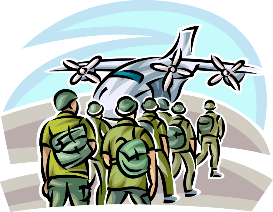 Vector Illustration of United States Marines Deploy to Combat War Zone on Military Cargo Aircraft Plane