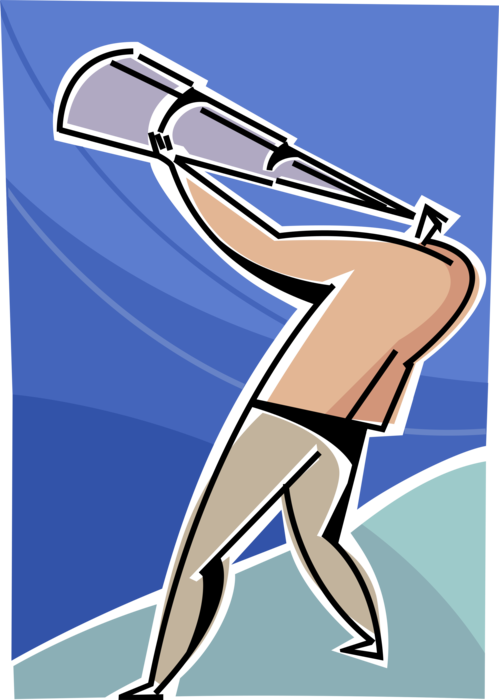 Vector Illustration of Businessman Searches Sky with Spyglass Telescope