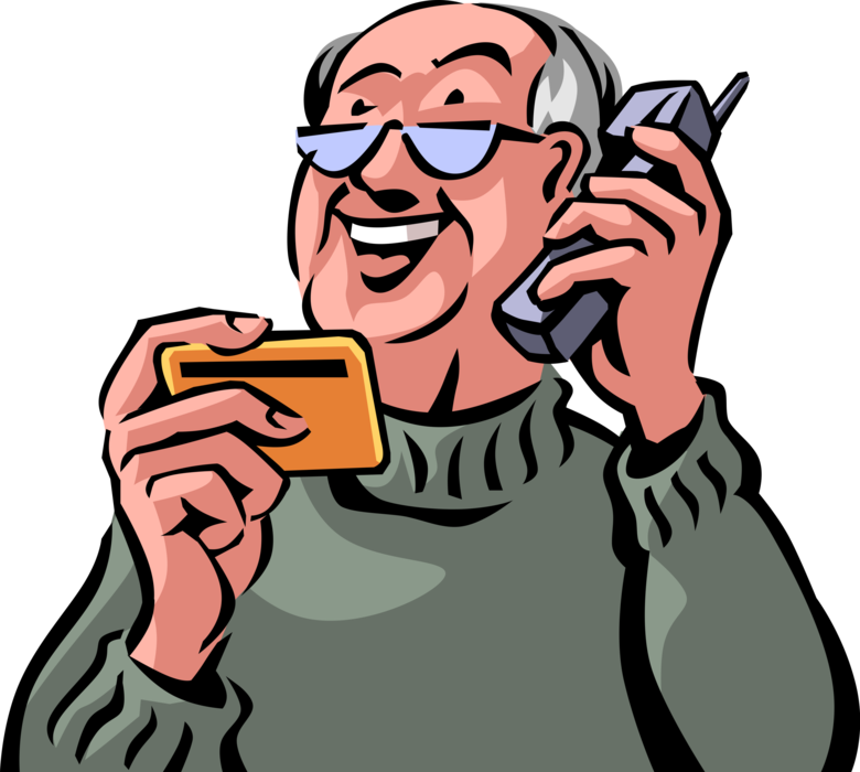 Vector Illustration of Retired Elderly Senior Citizen Provides Credit Card Details Over Phone for Goods and Services Purchased