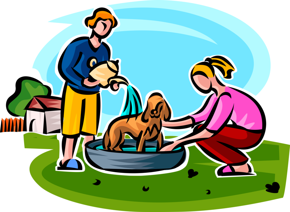 Vector Illustration of Adolescent Brother and Sister Washing Family Puppy Dog Outdoors