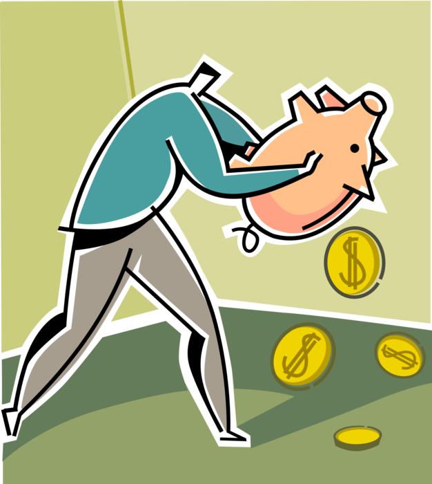 Vector Illustration of Businessman Empties Savings Piggy Bank to Access Much Needed Cash Money Reserves in Economic Recession