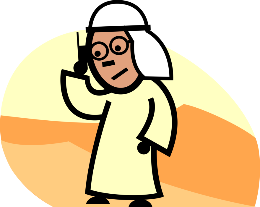 Vector Illustration of Arabian Middle Eastern Man in Thawb Dishdasha Garment in Conversation on Mobile Cell Phone Telephone