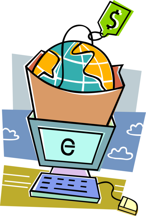 Vector Illustration of Internet Online Ecommerce Worldwide Shopping with Goods and Services Purchased via Computer Transactions