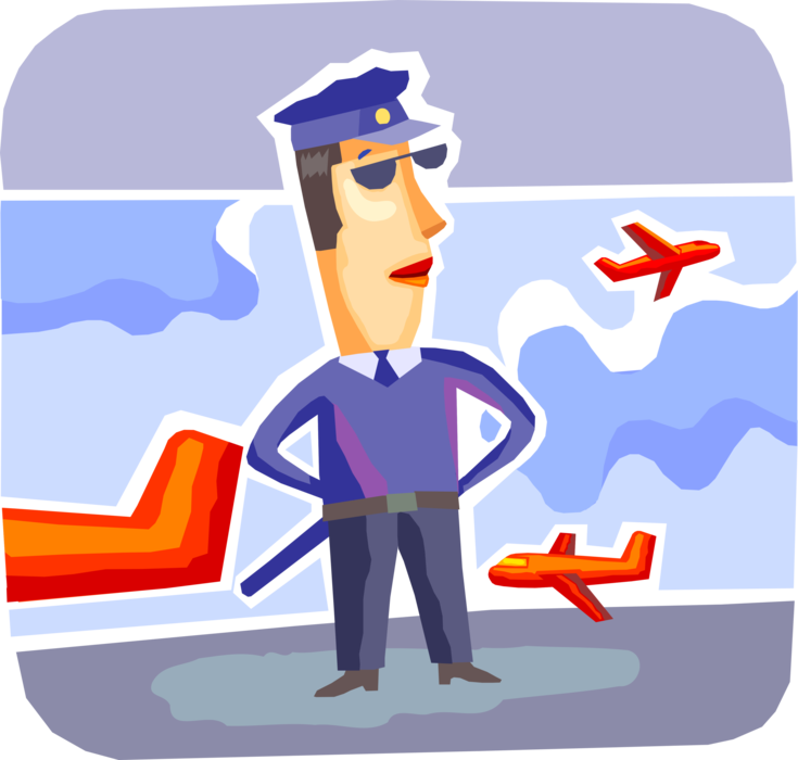 Vector Illustration of Airport Security Guard on Runway Tarmac Monitors Aircraft Arrivals and Departures