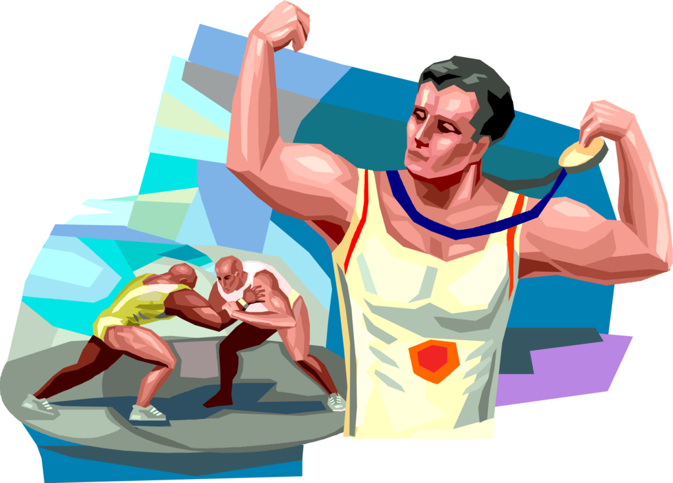 Vector Illustration of Olympic Gold Medal Winner Wrestler Wins Wrestling Match