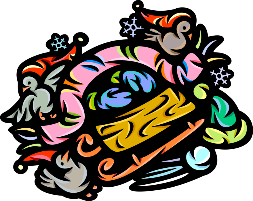 Vector Illustration of Toboggan Sleigh with Birds and Winter Scarf