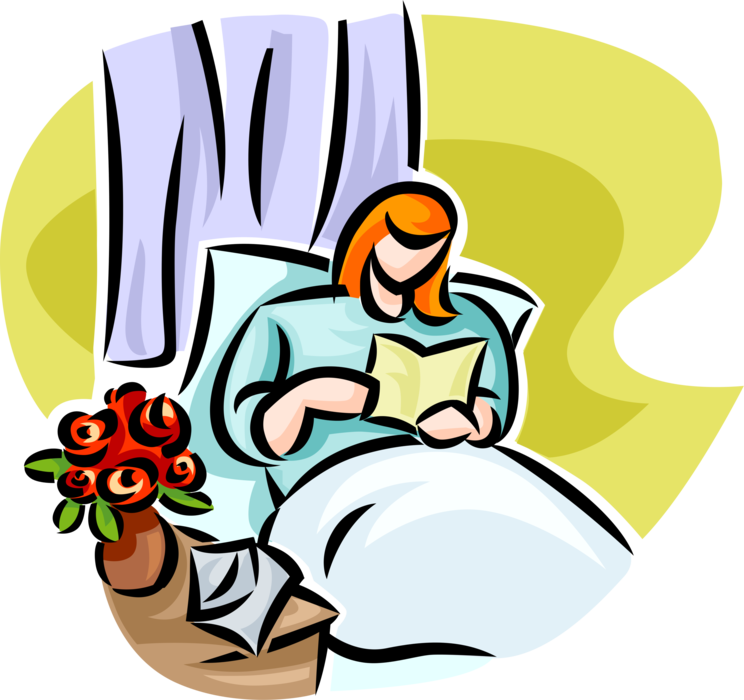 Vector Illustration of Hospital Patient Reads Get Well Greeting Card in Hospital Bed with Gift Flowers in Vase