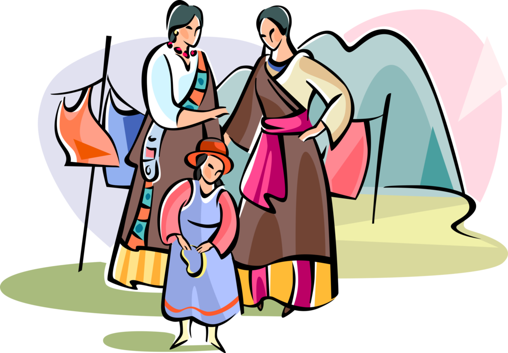 Vector Illustration of Tibetan Family in Traditional Dress of Tibet