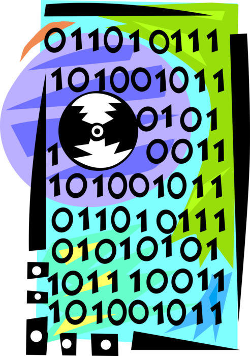 Vector Illustration of Information Technology Digital Data Binary Code with Storage Media DVD Disk