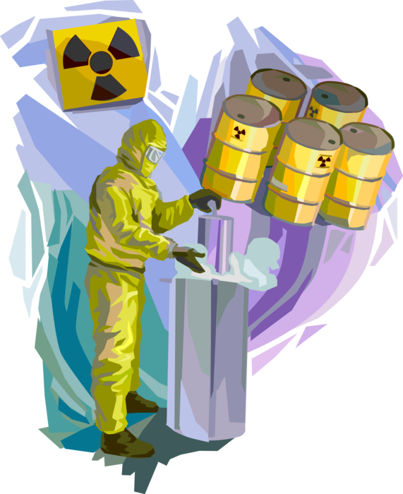 Vector Illustration of Nuclear Energy Power Plant Engineer in Hazmat Suit Handles Hazardous Radioactive Material