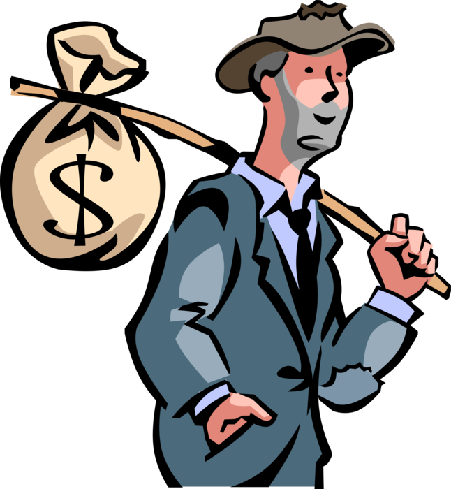 Vector Illustration of Down on His Luck Homeless Businessman with Limited Cash Reserves Bag of Money