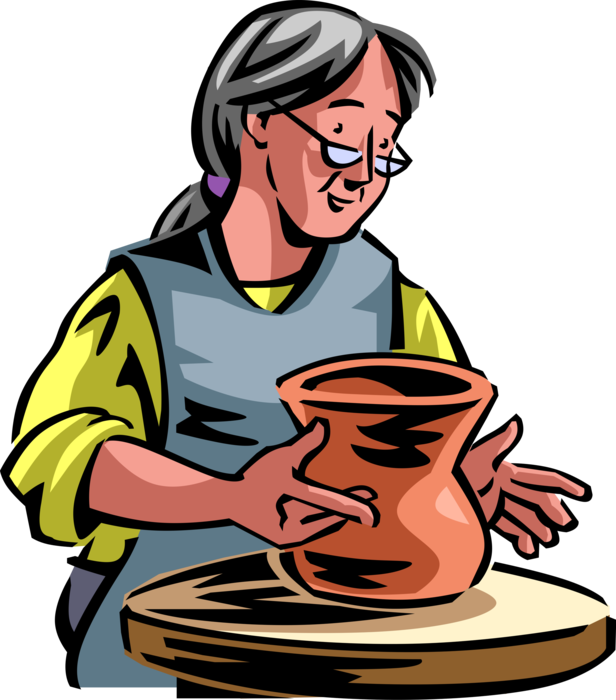 Vector Illustration of Retired Elderly Senior Citizen with Creative Hands Creates Pottery on Potter's Wheel
