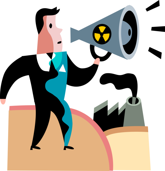 Vector Illustration of Environmentalist Whistle Blower Announces Nuclear Plant Environmental Concerns with Bullhorn Megaphone