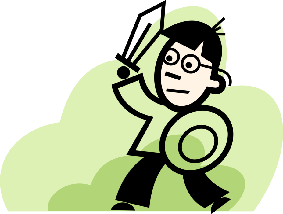 Vector Illustration of Boy with Toy Sword and Shield Pretends to be Fearsome Warrior in Battle