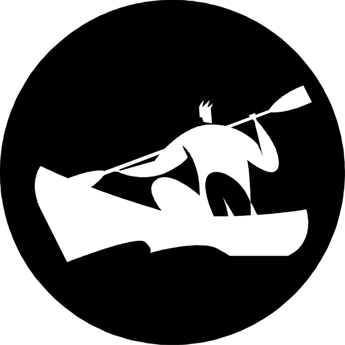 Vector Illustration of Canoeist in Canoe Paddles through Water with Oar Paddle