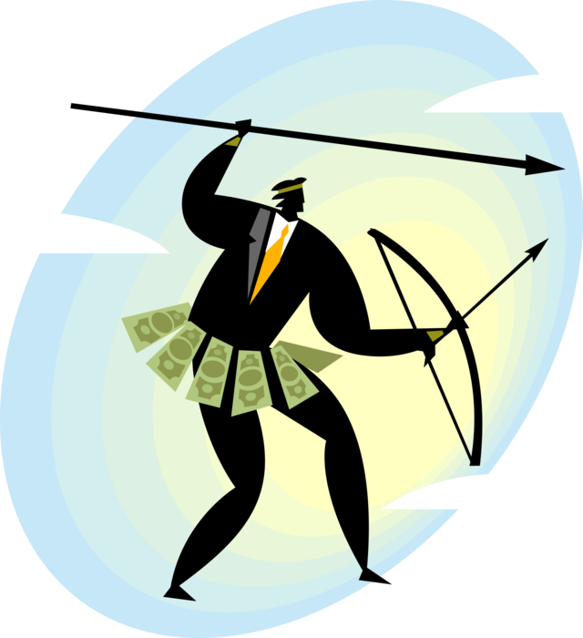 Vector Illustration of Businessman Warrior with Traditional Spear and Bow with Arrow Fights for Financial Success
