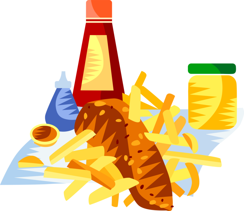 Vector Illustration of European English Cuisine Fish and Chips Fried Battered Fish and Fries