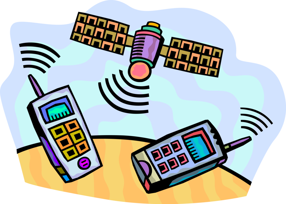 Vector Illustration of Mobile Phone Cellular Telephones with Telecommunications Space Satellite in Orbit