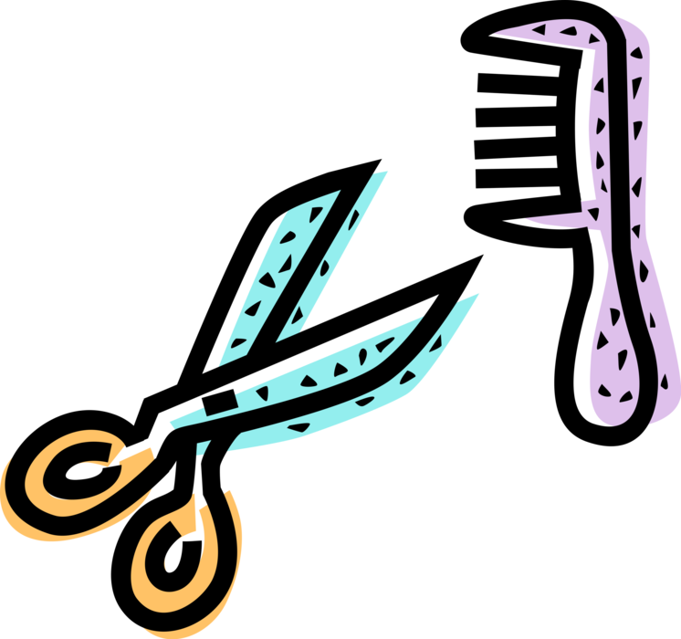 Vector Illustration of Scissors Hand-Operated Shearing Tools with Personal Grooming Hair Comb