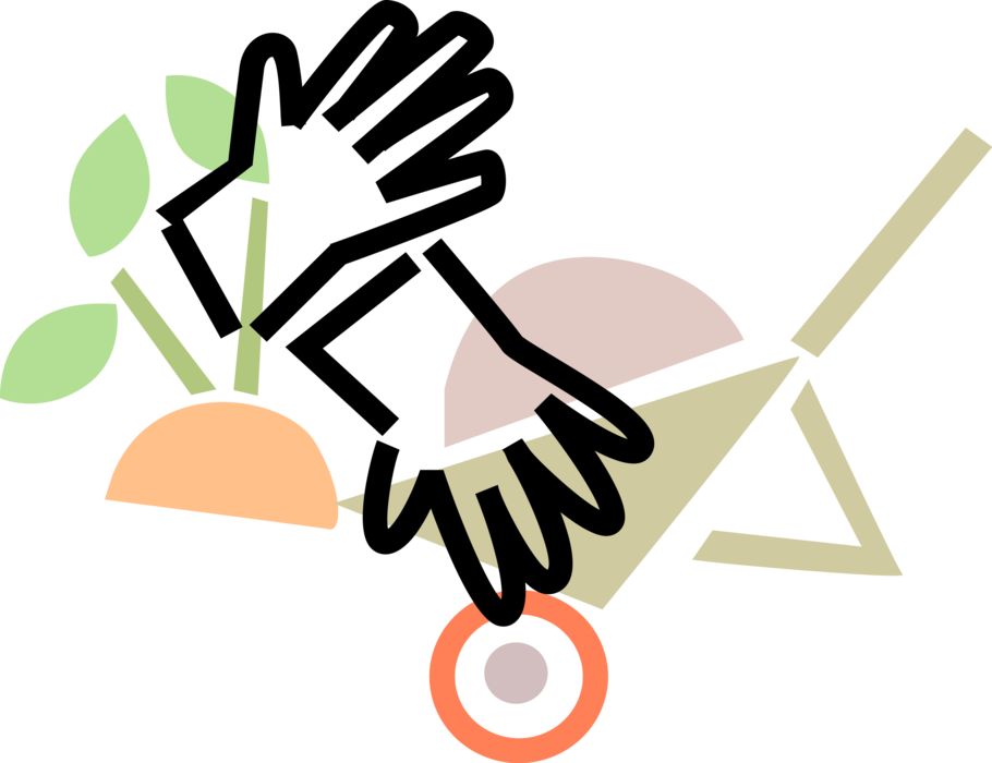 Vector Illustration of Gardening Gloves, Wheelbarrow, Garden Plants