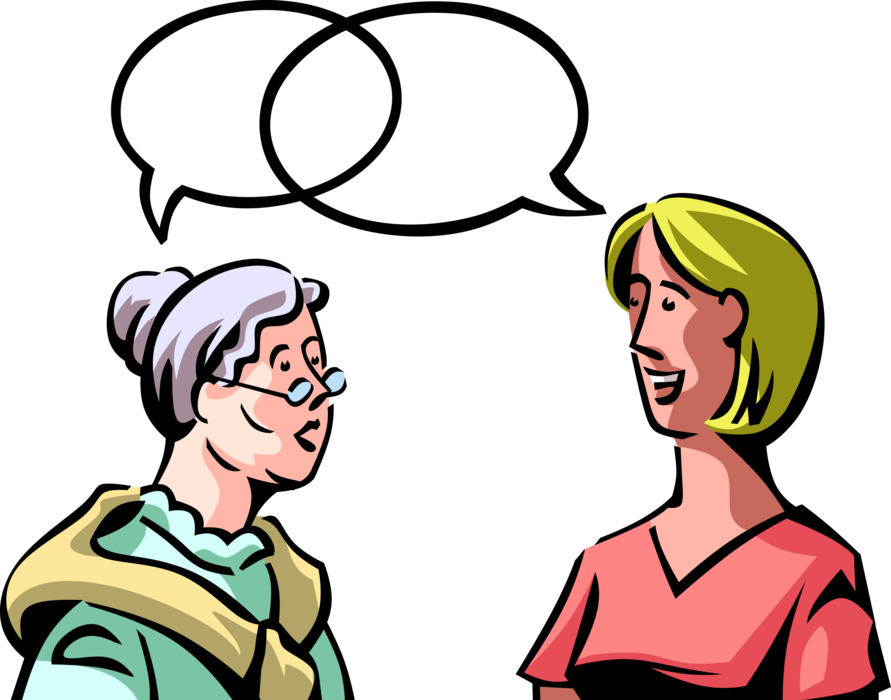 Vector Illustration of Two Women Exchange Information in Conversation with Communication Balloons