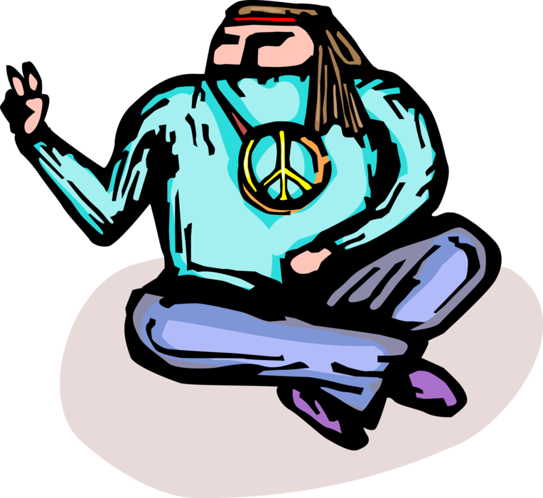 Vector Illustration of 1960's Era Hippie Sits Cross Legged Giving Peace Sign with Peace Symbol