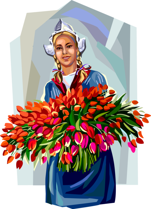 Vector Illustration of Dutch Woman with Tulip Flowers, Holland, The Netherlands
