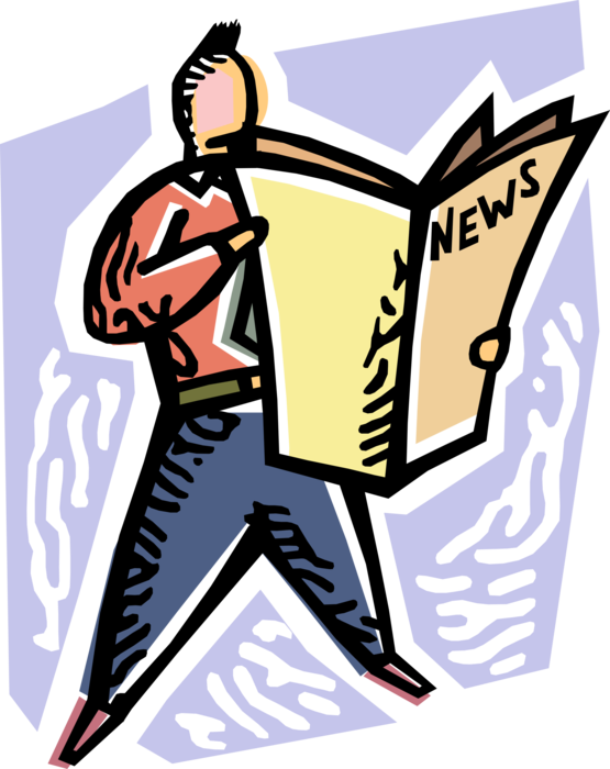 Vector Illustration of Businessman Reads Latest News in Newspaper Serial Publication with Articles and Advertising