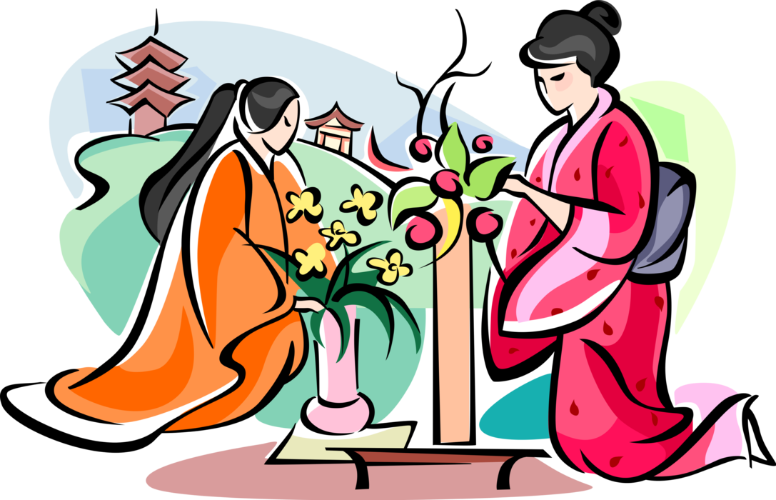 Vector Illustration of Ikebana Japanese Art of Flower Arrangement, the Way of the Flower