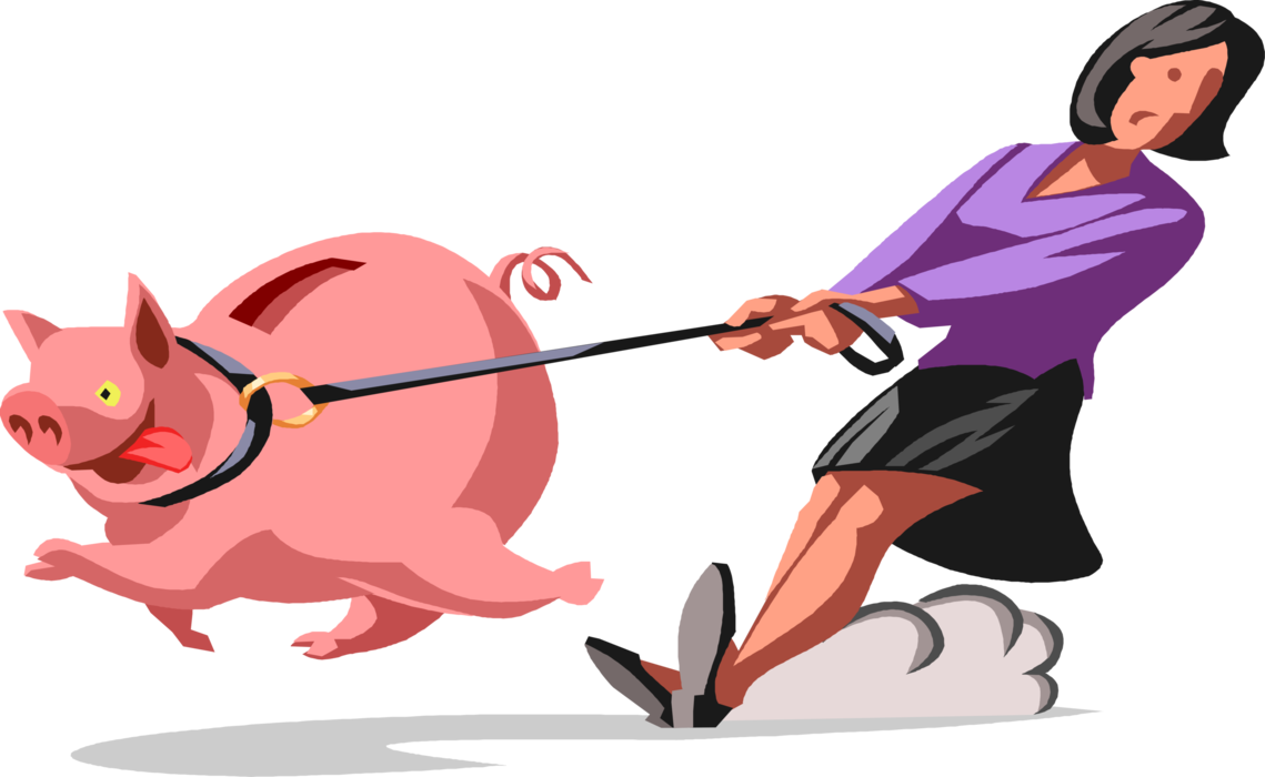 Vector Illustration of Businesswoman Dragged by Piggy Bank Savings Bank on Dog Leash