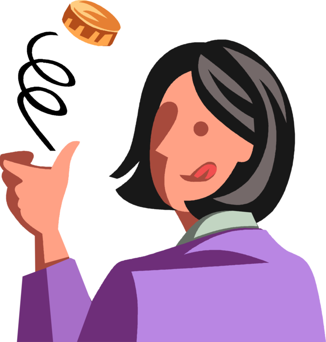 Vector Illustration of Businesswoman with Decision Making Hand Flipping Coin in the Air Heads or Tails Coin Toss