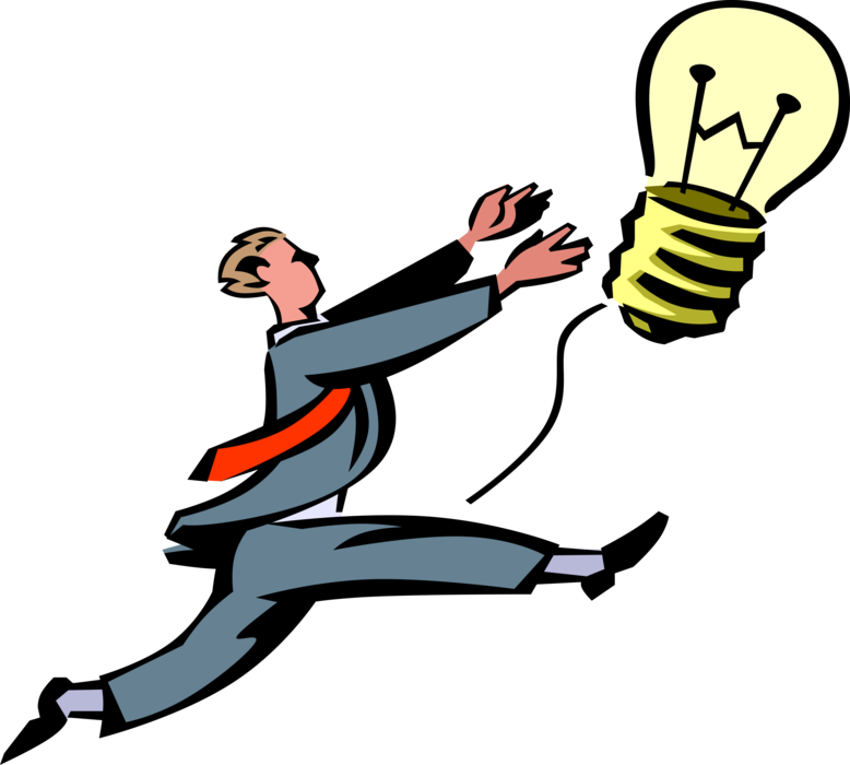 Vector Illustration of Businessman Chases Electric Light Bulb Symbol of Invention, Innovation, and Good Ideas