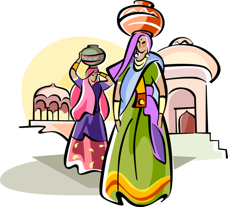 Vector Illustration of Indian Women Carrying Water