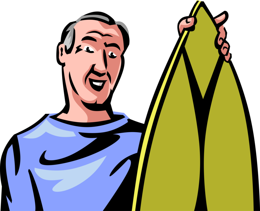 Vector Illustration of Retired Elderly Senior Citizen Surfer Exaggerates Surfing Skills with Surfboard