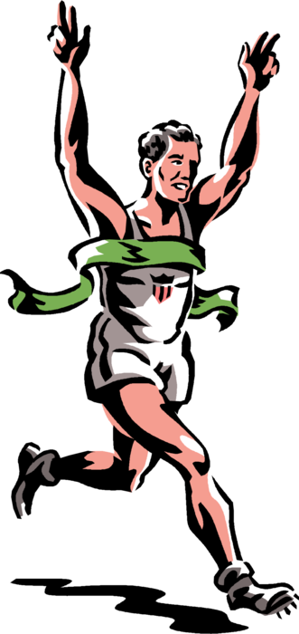 Vector Illustration of Track and Field Athletic Sport Contest Runner Breaks Ribbon at Finish Line in Running Race