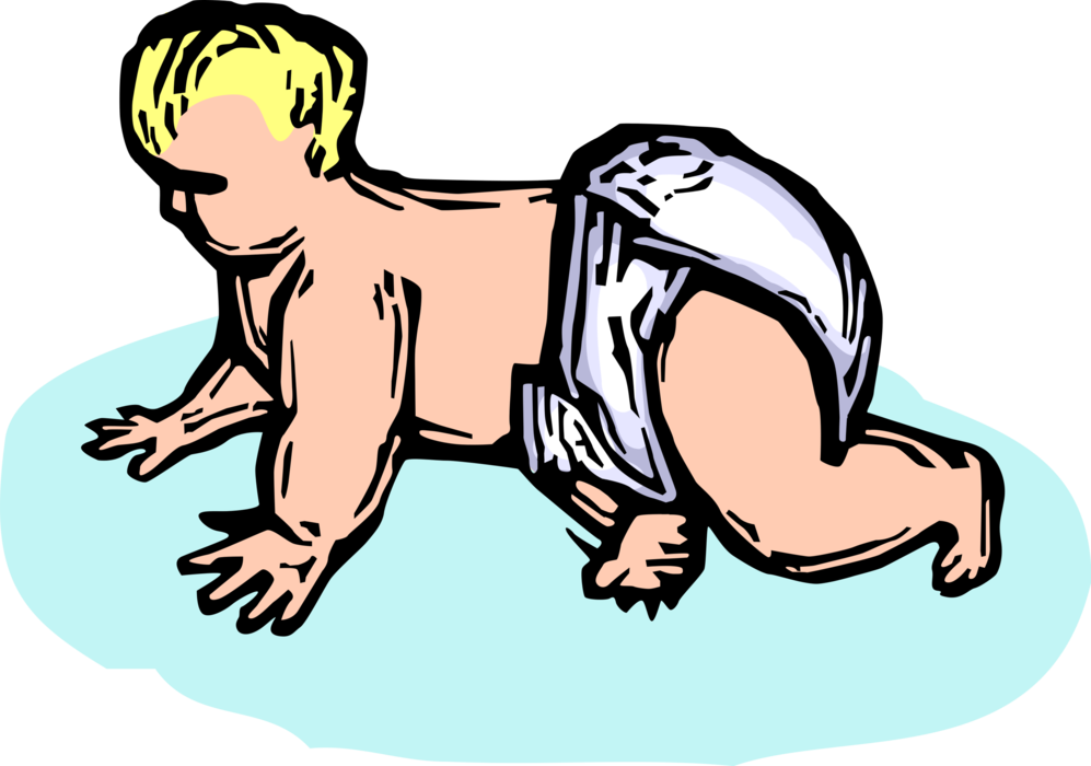 Vector Illustration of Newborn Infant Baby Crawling in Diapers