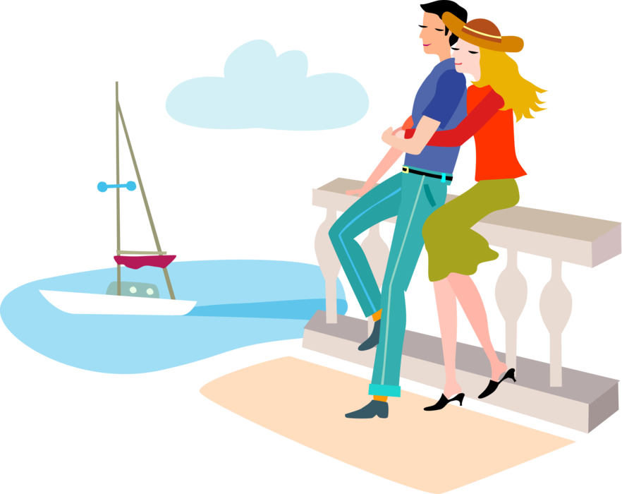 Vector Illustration of Romantic Couple in Relationship Enjoy Togetherness Watching Sailboat Sailing on Ocean
