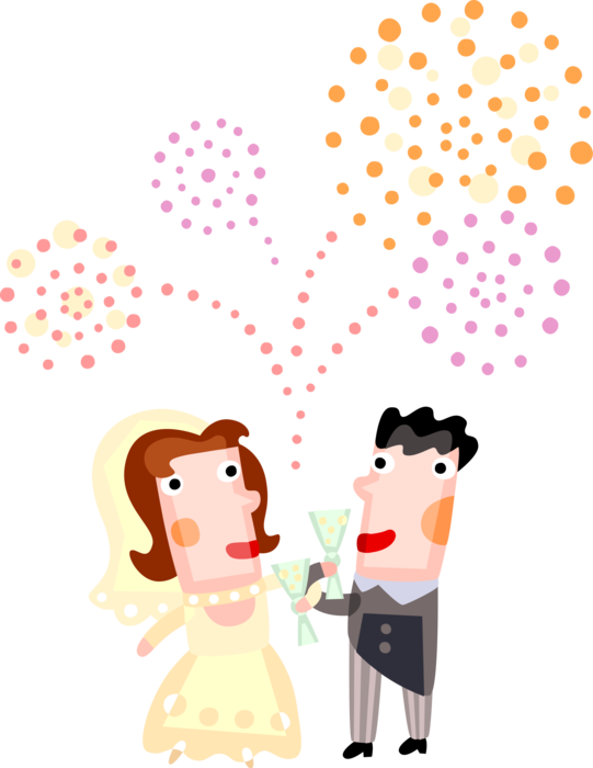 Vector Illustration of Bride and Groom in Champagne Toast Glasses at Wedding Reception in Expression of Honor and Faithfulness