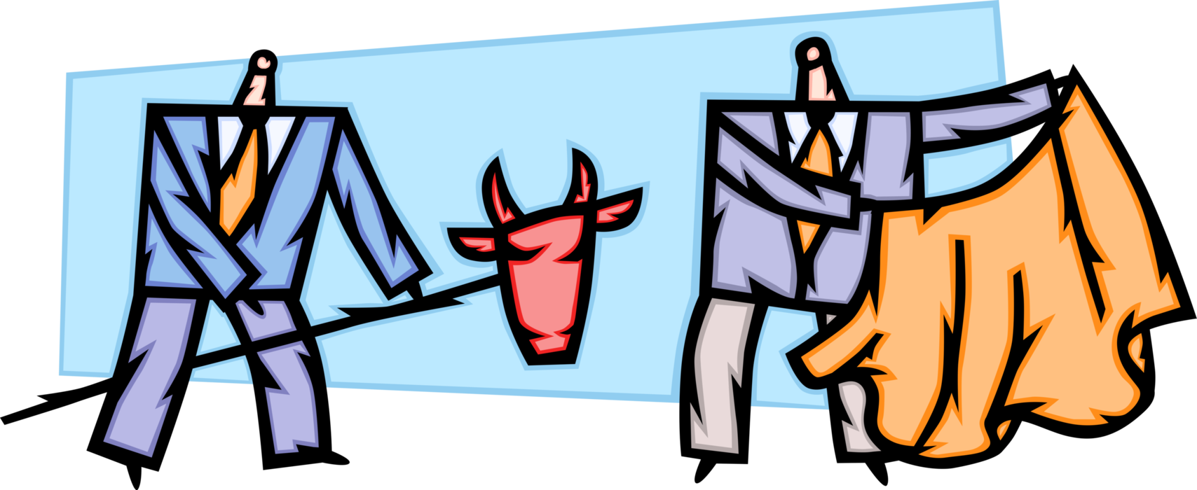 Vector Illustration of Businessmen with Wall Street Bull Stock Market Mask and Toreador Bullfighter Matador Cape