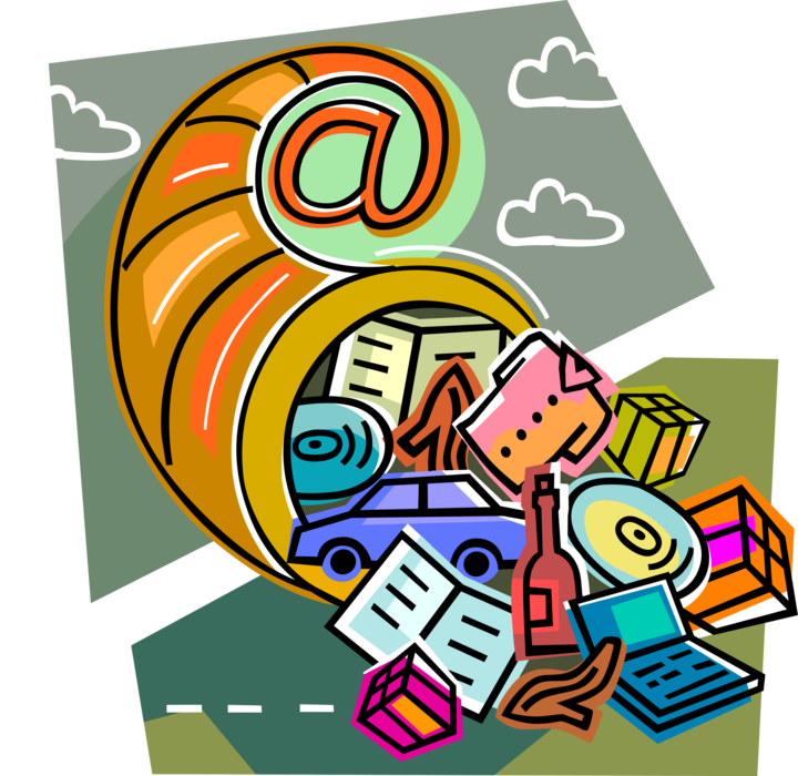 Vector Illustration of Online Cornucopia Horn of Plenty with Commodity Goods and Services Purchased via Internet
