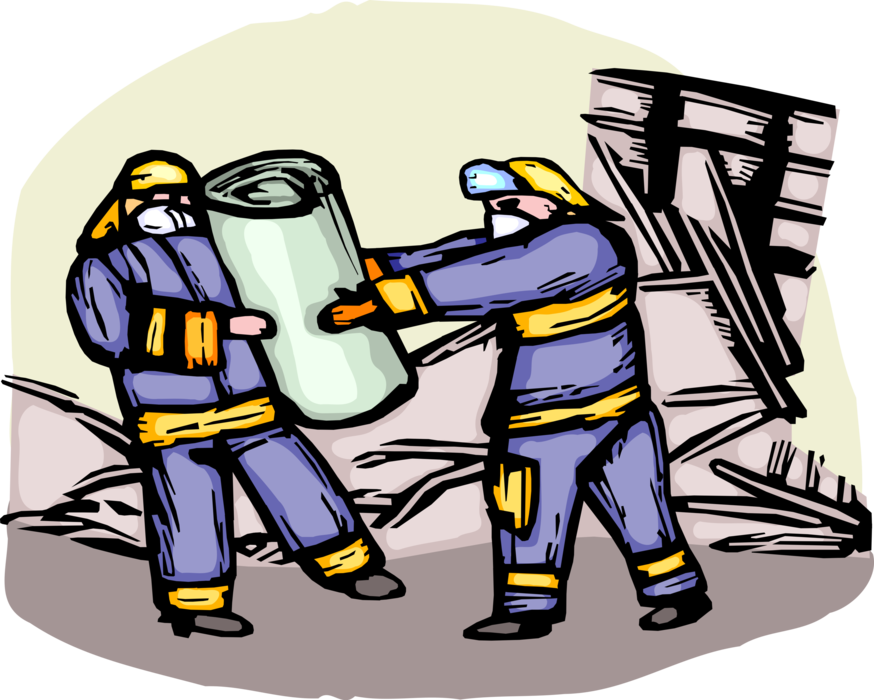 Vector Illustration of Firefighter Firemen Search and Rescue Team Removes Debris from Disaster Site