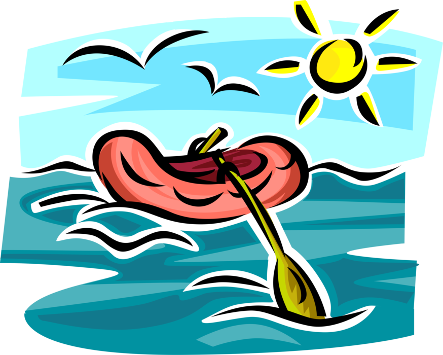 Vector Illustration of Inflatable Rubber Dinghy Raft Boat in Ocean Waves with Rowing Oars