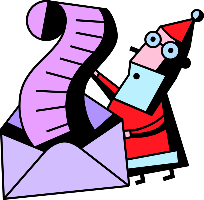 Vector Illustration of Santa Claus Reviews Letter to Santa List of Names in Envelope