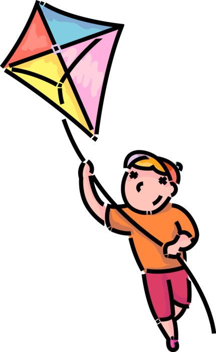 Vector Illustration of Primary or Elementary School Student Boy Flies Tethered Heavier-than-Air Flying Craft Kite